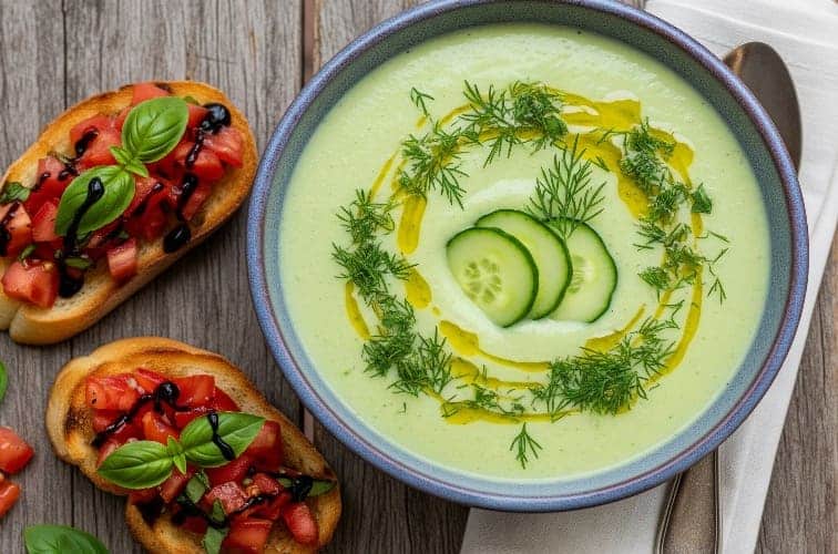 kalte Gurkensuppe italienisch mit köstlichem Bruschetta