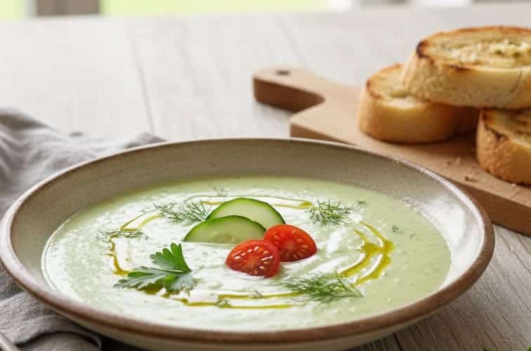 kalte Gurkensuppe italienisch mit leckerem Brot