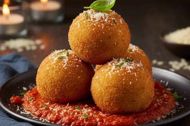 sizilianische Spezialitäten Arancini auf Tomatensoße